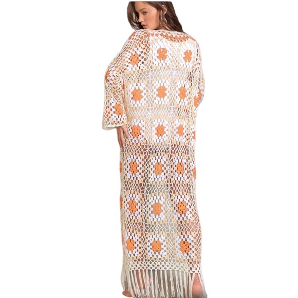 NWOT, POL, Women’s White/Orange Hand Crochet Maxi Fringe Cardigan NWT - Picture 3 of 3